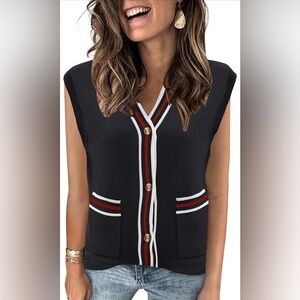 Black Sweater Vest; Cap Sleeve Striped V Neck Button Down Sleeveless Cardigan